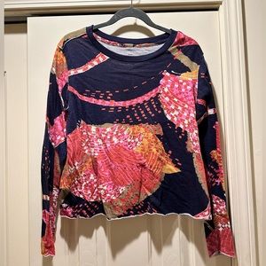 Anthropologie long sleeved shirt with bright pattern, soft, unfinished hem